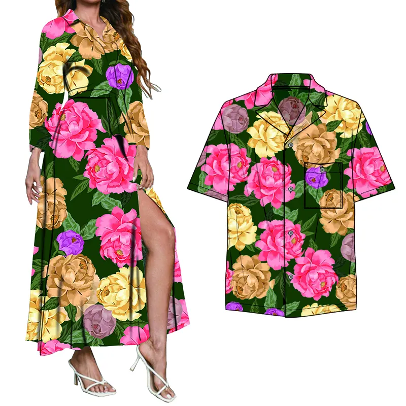 2022 özel hawaii çift giyim 2 parça Set adası çiçek desen baskı kızlar zarif seksi elbiseler maç erkekler kıyafet gömlek