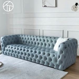 High Quality Elegant Modern Home Furniture Blue <strong>Velvet</strong> Chesterfield <strong>Sofa</strong> Set with Wood Frame Square Design for Living Room - Product Image 1