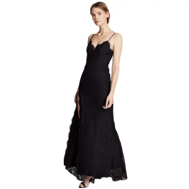 De moda de verano de las mujeres ropa negro halter cortar Apliques de encaje casual sexy de fiesta de noche dama elegante vestido largo