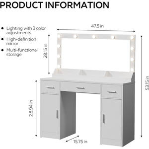Dormitorio Madera Moderno 3 colores Brillo ajustable Modo de iluminación <span class=keywords><strong>Tocador</strong></span> <span class=keywords><strong>con</strong></span> <span class=keywords><strong>espejo</strong></span> 3 cajones 2 gabinetes verticales - Product Image 6