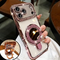 Étui de luxe à strass couvrant entièrement l'appareil pour iPhone 17 16 15 14 13 12 11 Pro Max, avec support magnétique miroir et protection d'objectif, coque pour iPhone