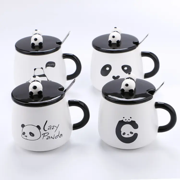 Seaygiftキッズ素敵なパンダの形の磁器ミルクティーマグ3D面白い動物セラミックコーヒーマグ蓋スプーン付き