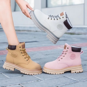 Nuevas botas cortas de suela gruesa para motocicleta, duraderas y versátiles, botas amarillas de cuero genuino para mujeres y hombres - Product Image 1