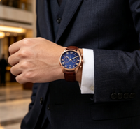 Montre-bracelet de luxe pour hommes d'affaires, fonction chronographe, boîtier en or rose, cadran bleu, bracelet en cuir marron, montre habillée pour homme pour un usage quotidien