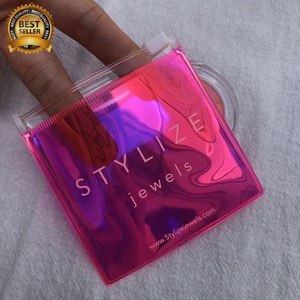 <b>Small</b> square 8x8cm Pvc Holographic Plastic Zipper <b>Bag</b> with <b>White</b> logo for Jewels Jewelry Packaging Pouch - Product Image 4