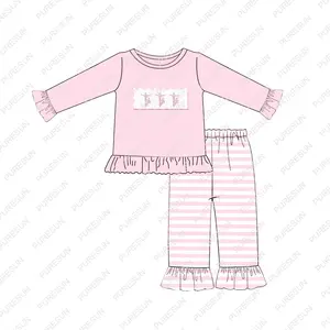 Puresun custom designs fall winter kids clothes cotton lineman smocked 2 piece set baby girl boutique outfit