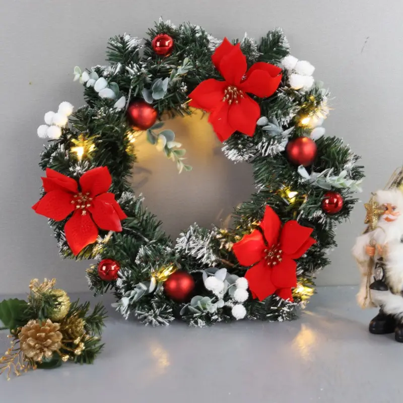 크리스마스 40cm LED 화환 인공 소나무 콘 열매와 꽃 휴일 정문 매달려 장식 Couronne 노엘