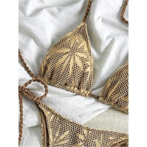Conjunto de bikini bohemio de 2 piezas para mujer, con diseño hueco, de ganchillo, halter, con lazos laterales y corte alto, estilo cheeky. - Product Image 3
