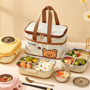 Portable Modern Stainless Steel Bento <b>Box</b> 3 Compartments Dual Tier <b>Stackable</b> Large Capacity Microwave Safe Plastic Lid Students - Product Image 6