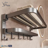 Porte-serviettes pliable noir YF à double couche en aluminium chromé, robuste, pour hôtel, salle de bain, avec 2 barres, auto-adhésif