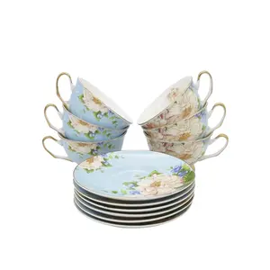 OEM full print cooffe cup and saucer set/wholesale beautiful flower print 12pcs coffee set with stand