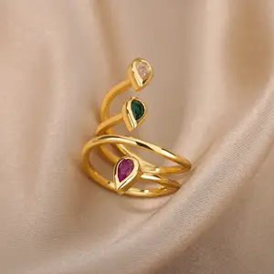 Модное женское креативное ювелирное изделие из нержавеющей стали с золотым покрытием и бриллиантами разноцветное циркониевое регулируемое кольцо