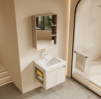 Armoire de salle de bain élégante en aluminium blanc crème à double porte, avec miroir, étagère ouverte, anti-traces de doigts, toucher agréable, pour hôtel