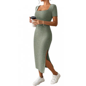 Vestido de Verano Nuevo a la Moda para Mujer, Cintura Imperio, Cuello Cuadrado, Sexy, Ajustado, a Rayas/Estampado, Midi, con Abertura, <span class=keywords><strong>Ropa</strong></span> de Mujer - Product Image 4