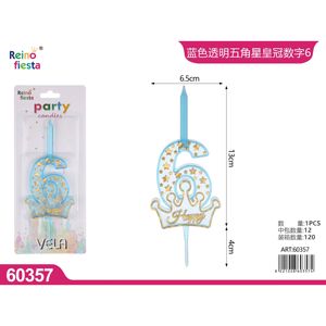 Buon compleanno numero 6 candela di cera blu con corona e Design a stella per le celebrazioni di Pasqua uso di capodanno per bar - Product Image 1