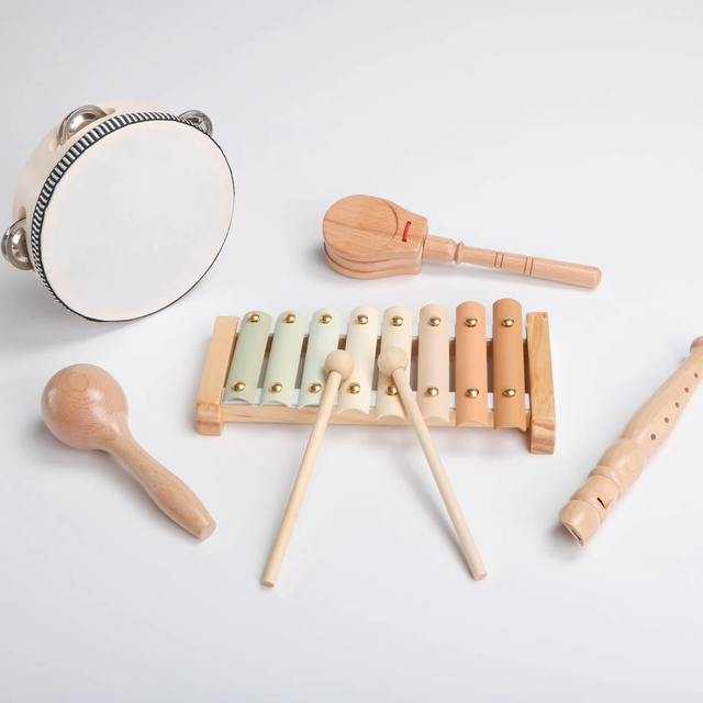 ALBASSA Unisex Educational Wooden Hand-held Drum Tambourine Musical Instrument Set 6-Piece Educational Toy for Kids Preschool