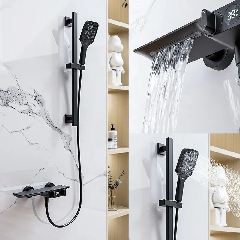 Display della temperatura set doccia da bagno rubinetto per doccia a pioggia caldo e freddo a parete in ottone nero per vasca da bagno