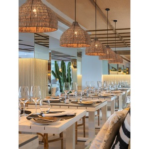 Lustre en rotin à trois têtes E27, luminaire suspendu rond pour restaurants, hôtels, décoration de salon - Product Image 1