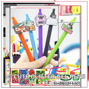 Lot de 10 stylos gel à pointe fine 0,5 mm, styles variés, avec breloques en plastique à paillettes, design mignon de dessin animé, encre noire incluse - Product Image 2