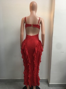 Vestido de Encaje Rojo para Mujer - Tirantes Finos, Volantes en el Bajo, Espalda Descubierta, Vestido Formal de Noche, Ropa de Moda - Product Image 5