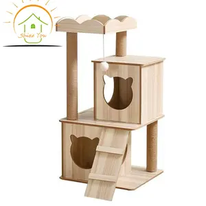 Wholesale Luxury Modern Solid Wood Cat Tree Castle For Big Cat Climbing Rack Cat Condo Furniture
