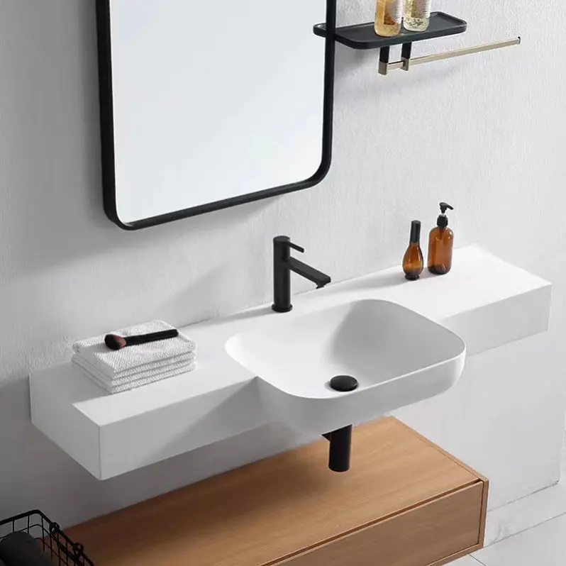 Fabrika katı yüzey Modern duvar asılı mobilya tezgah üstü el desen banyo Vanity ile lavabo yapay taş lavabo