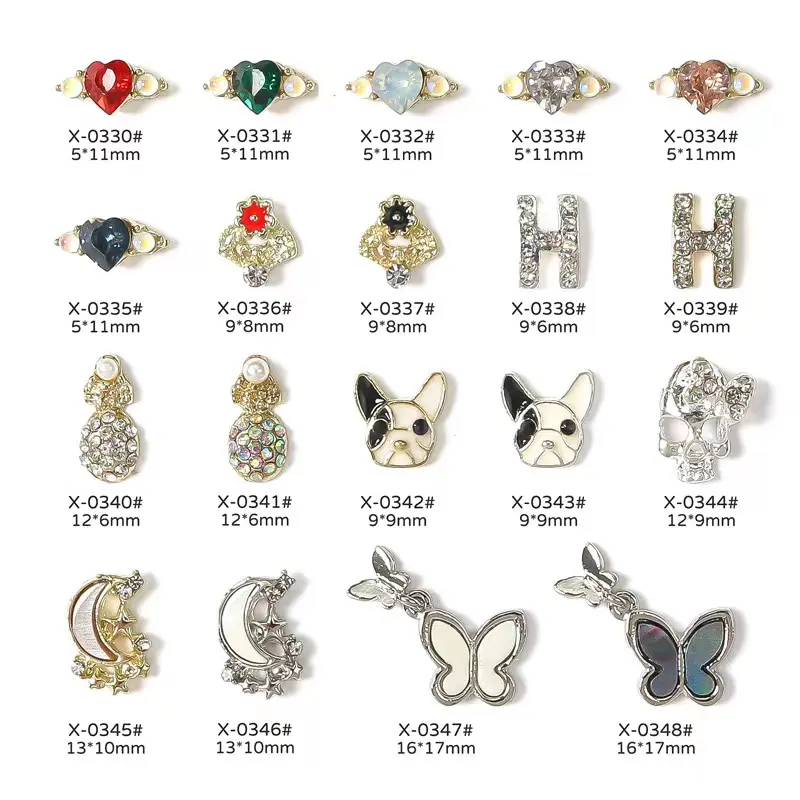 Flores de aleación de lujo de alta calidad para decoración de uñas, amuletos 3D de corazón de perro, mariposa, pegatinas para uñas