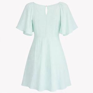 Vestido de Lino Puro Personalizable para <span class=keywords><strong>Mujer</strong></span>, Verde, con Cuello en V y Lazos Delanteros, Mangas con Volantes - Vestido Casual de Verano para <span class=keywords><strong>Mujer</strong></span> - Product Image 3