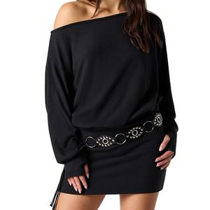 Vestido Mini de Verano Informal de Alta Calidad Personalizado, de Punto, de Algodón, con Hombros Descubiertos, Cuello Redondo, Manga Larga, Ajustado, con Cinturón Decorativo - Product Image 4