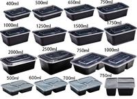 Boîte à repas rectangulaire transparente noire pour la préparation des repas à emporter, en plastique PP, contenants alimentaires jetables avec couvercle transparent, étanches