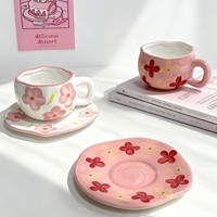 Ensemble tasse à café et soucoupe en céramique peintes à la main, style minimaliste, motif floral, emballage en boîte colorée, cadeau pour la maison