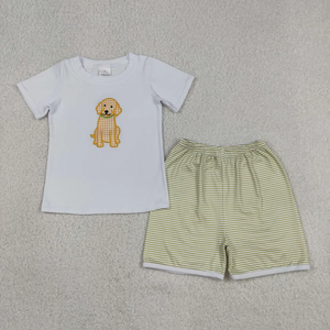 Baby Boys Summer Clothes Cotton <b>White</b> <b>Tee</b> and Striped Short Set Toddler Boy Puppy Applique Outfit - Product Image 2