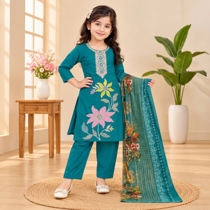 Girls Premium Silk Embroidery Kurta Set with Palazzo & Dupatta | Ready to Wear Ethnic Clothing - Product Image 1
