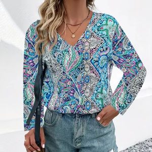 Top Casual Personalizado de Verano para Mujer, Estilo Vintage, Transpirable, Holgado, con Estampado Paisley, Cuello en V, Diseño Floral, Tejido con Método de Tejido - Product Image 1