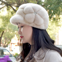 Béret d'hiver pour femme en vison véritable, forme fleur 3D, broche fleur en cristal, décoration strass, chaud et doux, avec revers, vente en gros