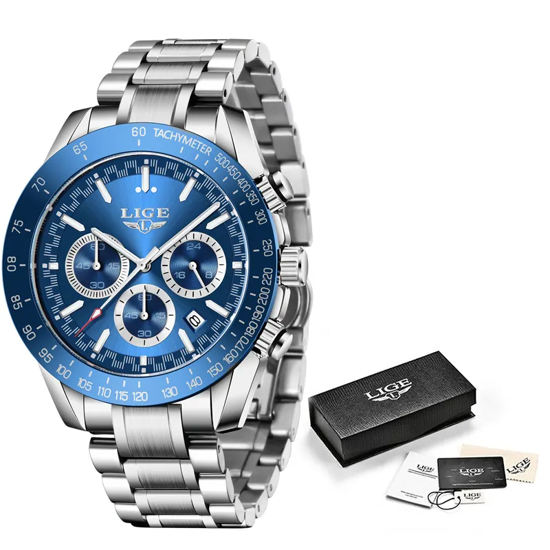 LIGE orologi da uomo Fashion Blue Stainless Steel orologio sportivo impermeabile da uomo Luxury Luminous Date 24 ore cronografo orologio al quarzo