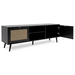 modern living room furniture black TV cabinets wooden TV stand with real rattan doors