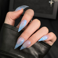 Faux ongles à presser faits main Qianya, bleu clair effet œil de chat, 10 pièces, en acrylique, forme griffe de dragon, style euro-américain, vente en gros