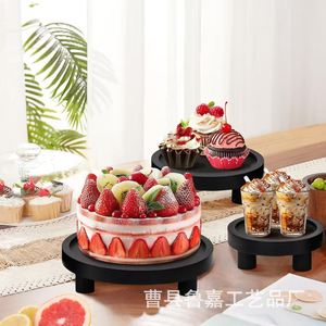 <b>Black</b> Round Wooden Cake Stand For Birthday <b>Decorative</b> <b>Tray</b> Minimalist Design Home Desktop Use - Product Image 1