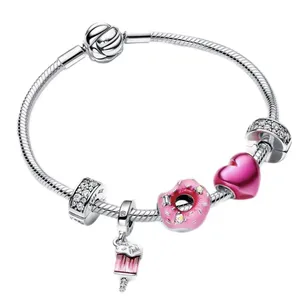 Pulsera de Plata de Ley <span class=keywords><strong>S925</strong></span> con Rosa, Donut y Mickey de la Serie Pan Family, Versátil y Elegante, Ideal para Regalar a tu Novia - Product Image 3