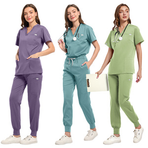 Women Hospital Scrubs Set Moisture Wicking Knitted Pants V Neck <b>Top</b> Medical Uniforms - Product Image 4