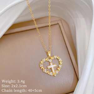 Collier pendentif croix cœur creux en zircon plaqué or sur chaîne en acier inoxydable, bijoux de mode pour femme, vente chaude - Product Image 5