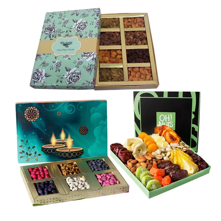 Custom Logo Gedrukt Decoratieve Bruiloft Verpakking Diwali Gedroogd Fruit Lege Verpakking Voor Droog Fruit Cadeau Papier Doos