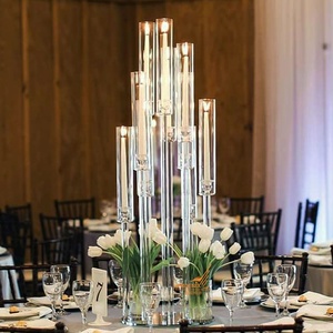 Tubo di cristallo supporto di candela 10 braccia alto di nozze a buon mercato albero candelabri da tavolo in <span class=keywords><strong>vetro</strong></span> decorazione di nozze <span class=keywords><strong>centrotavola</strong></span> con paralume in vendita - Product Image 1