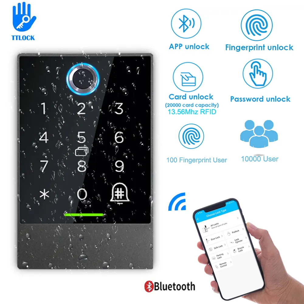 Kontrol Akses Bluetooth TTlock, Pengontrol Pintu Biometrik Sidik Jari Tahan Air APP Remote Control Pembaca Kartu RFID