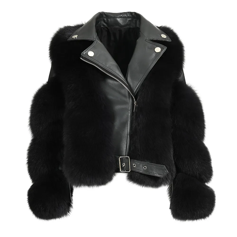 Fashion Ladies Luxury Winter Warm Real Fox Fur Jacket Wholesale Custom Women Genuine Leather Coat With Real Fur