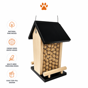 Mangeoire à cacahuètes en bois massif résistante aux intempéries pour corbeaux, écureuils et hiboux – Station à noix suspendue pour oiseaux de jardin extérieur - Product Image 1