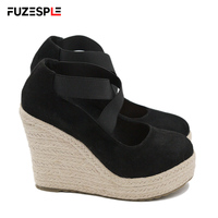 Femmes automne paille tissé chanvre corde pêcheur chaussures bout rond plate-forme grosse semelle mode chaussures compensées talons hauts