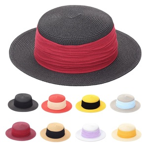 Boater <b>Straw</b> <b>Hat</b> Natural Grass Ribbon Band Beach Summer Women's 56-58CM - Product Image 1