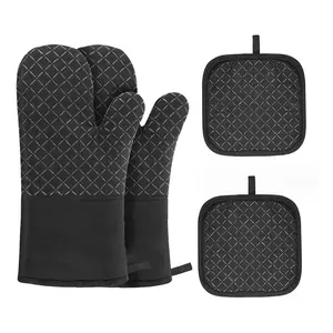 Double-Layer Silicone and Cotton Kitchen Oven Gloves Heat-Resistant BBQ/Grill Mitts with Mat for Baking and Cooking